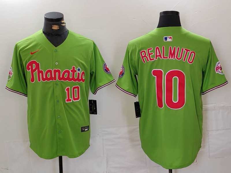 Men%27s Philadelphia Phillies #10 JT Realmuto Number Green With Patch Stitched Cool Base Nike Jersey